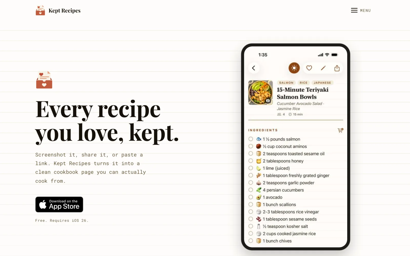 Kept Recipes website showing an iPhone with a clean, cookbook-style salmon bowl recipe and a checkable ingredient list.