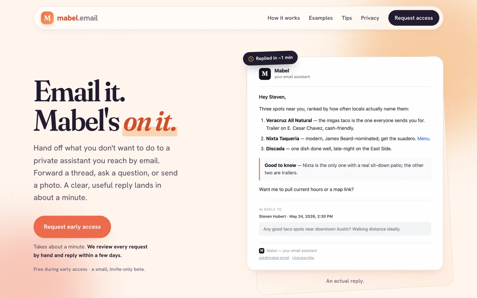 Mabel website with the headline Email it. Mabel's on it. next to a sample reply recommending taco spots.